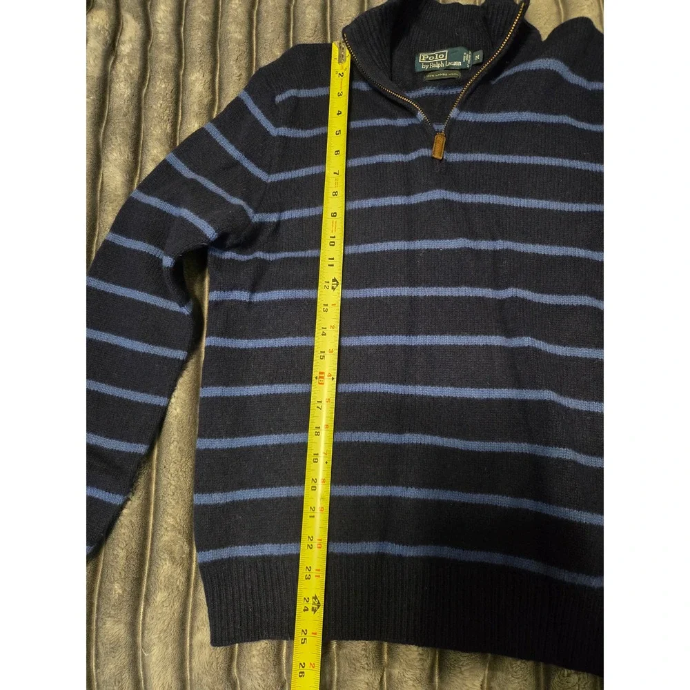 Polo Ralph Lauren Mens Medium Navy Striped 100% Lambswool Quarter Zip Sweater